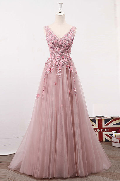 Pink Floral Lace Applique Plunge V Sleeveless Floor Length Tulle Formal Dress Featuring Lace-up Back, Prom Dress,pd14349