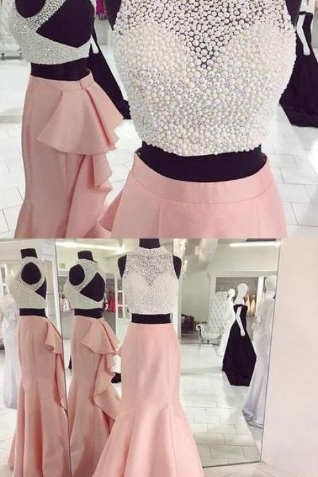 High Fashion Two Piece Pink Mermaid Long Prom Dress With White Top Prom Dress,pd14364