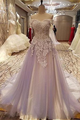 Charming Off Shoulder Prom Dress, Sexy Tulle Beaded Appliques Prom Dresses, Long Evening Dress, Formal Gowns,pd14386