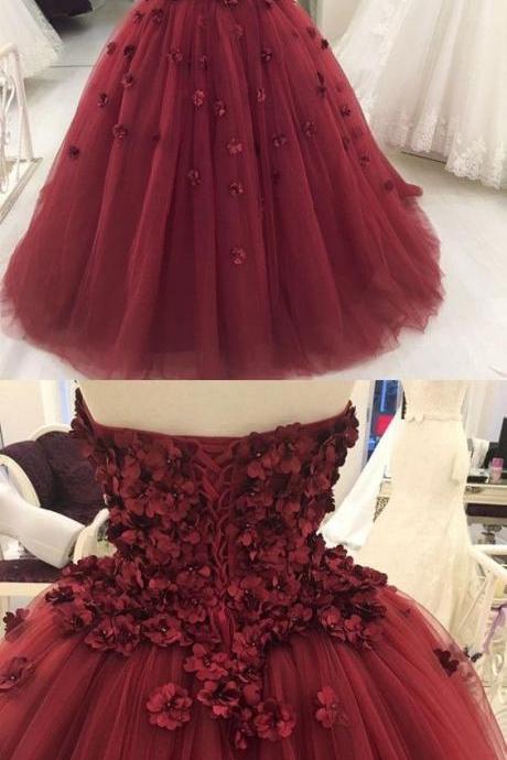 Strapless Burgundy Tulle Ball Gown Prom Dress, Formal Evening Dress, Women Dress,pd14411