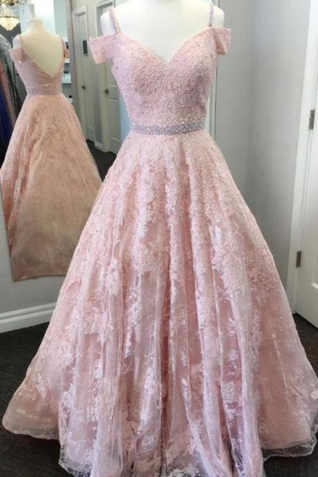 Off Shoulder Sleeves Pink Lace Prom Dress,sexy Deep V-back Formal Party Dress,pd14425