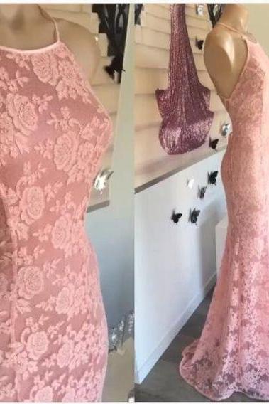 Mermaid Open Back Pink Lace Evening Dress,high Quality Lace Prom Dress,sexy Mermaid Spaghetti Straps Pink Lace Formal Party Dress,pd14426
