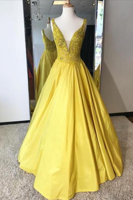 Glamorous A-line V-neck Sleeveless Yellow Long Prom/evening Dress With Appliques,pd14433