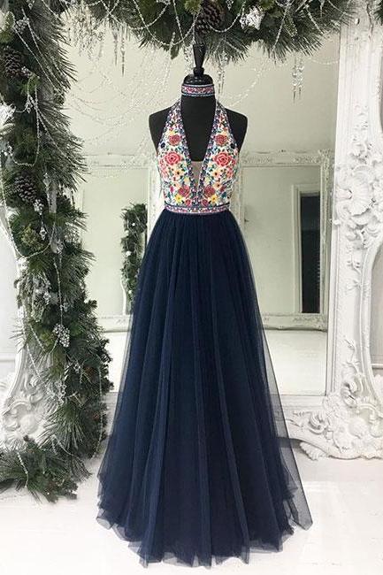 Dark Blue Tulle Long Prom Dress, Blue Evening Dress,pd14529