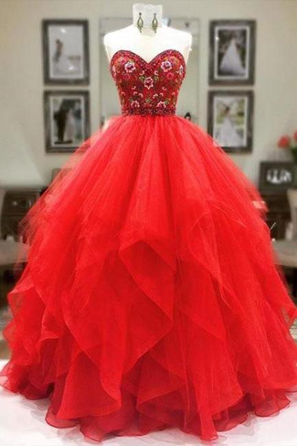 Red Tulle Sweetheart Neck Long Prom Dress, Red Evening Dress Prom Gowns, Formal Women Dress,pd14530