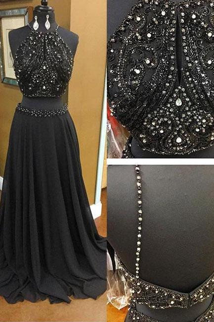 Black Two Pieces Long Prom Dress, Black Evening Dress,pd14533