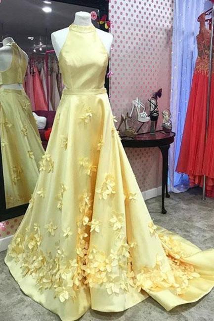 Unique Yellow Satin Long Prom Dress, Yellow Evening Dress ,pd14541