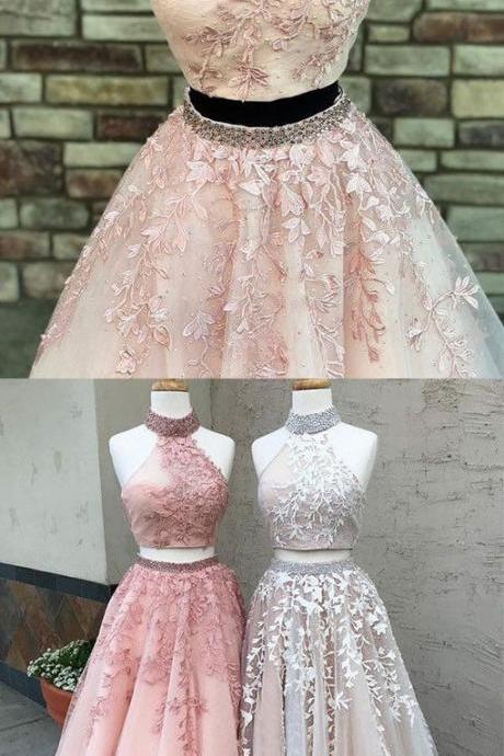 Unique Two Pieces Lace Long Prom Dress, Lace Evening Dress ,pd14570