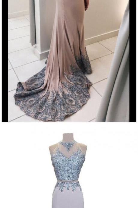 Chic 2 Pieces Prom Dress Mermaid Scoop Applique Long Prom Dress Party Dress,pd14572
