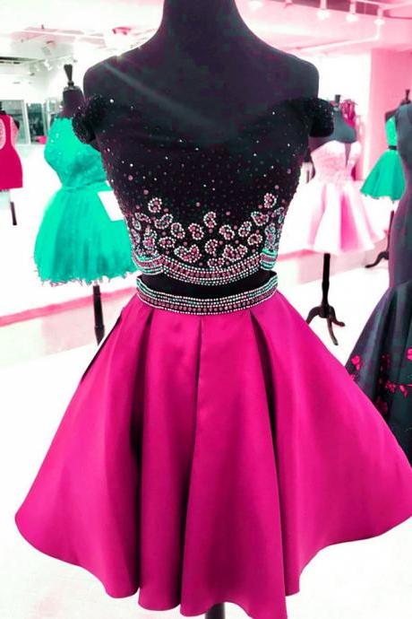 Beaded Pearls Short Prom Dress, Two Piece Prom Dresses, Satin Homecoming Dress, Sexy Prom Gown,PD14593