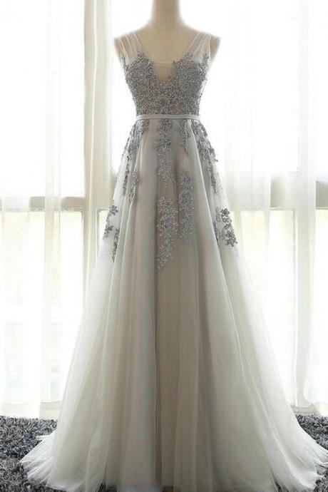 Elegant Appliques Tulle Long Homecoming Dress, V Neck Grey Prom Dress, Formal Evening Dress,pd14601