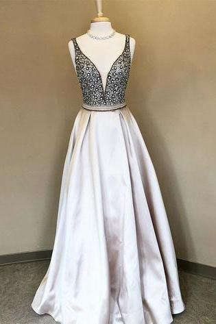 Stylish A-line Deep V-neck Light Champagne Long Prom/evening Dress With Beading,pd14701