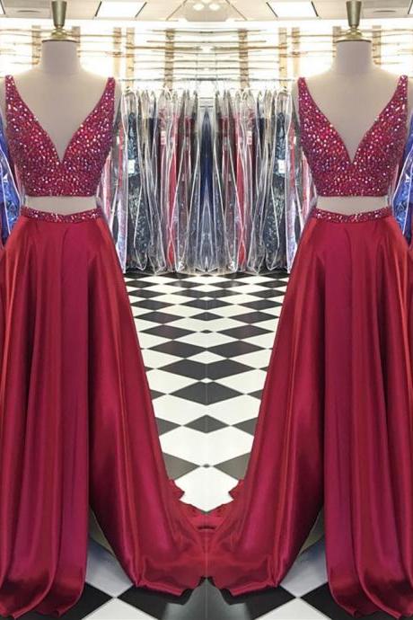 Sexy Sleeveless Prom Dress, Two Piece Prom Dresses,beaded Long Evening Dress,pd14776