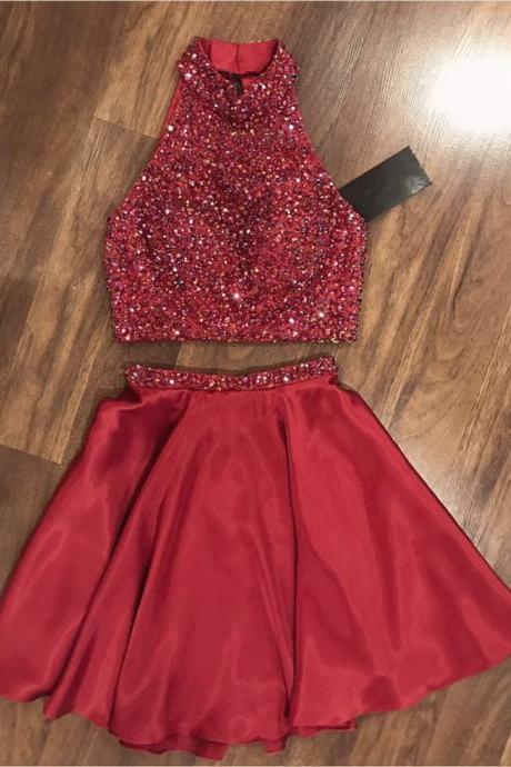 Two Piece Prom Dress, Crystal Beaded Prom Party Dress, Short Homecoming Dress,pd14788