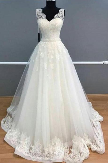 Elegant A-line V-neck Sleeveless White Long Prom/wedding Dress With Lace,pd14810
