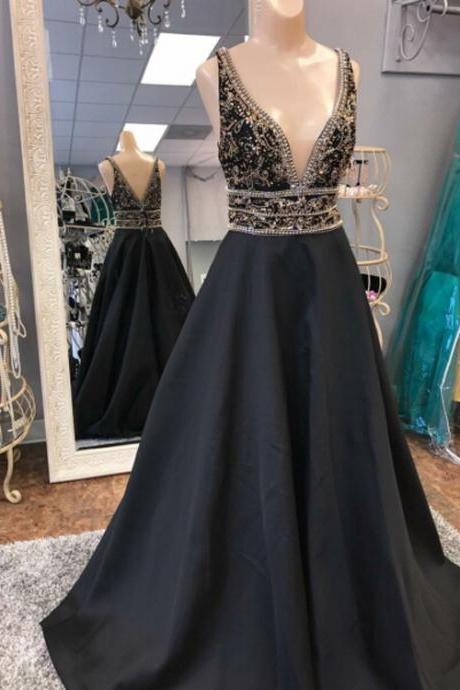 Charming A-line V-neck Sleeveless Black Long Prom/evening Dress With Beading,pd14817