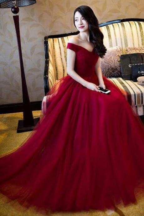 Charming A-line Off-the-shoulder Burgundy Tulle Long Prom/evening Dress,pd14825