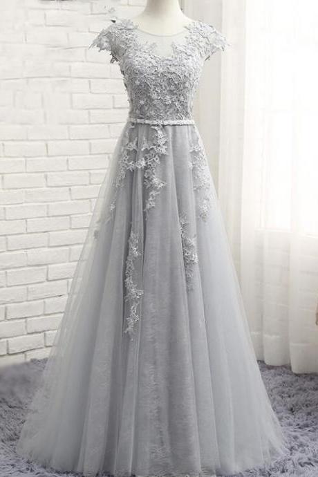 Glamorous A-line Scoop Cap Sleeves Tulle Long Prom Dress With Appliques,pd14827