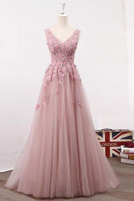 Elegant A-line V-neck Sleeveless Pink Tulle Long Prom Dress With Appliques,pd14829