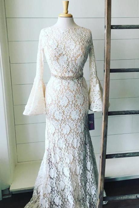 Luxurious Mermaid Jewel Long Sleeves Open Back Lace Long Prom Dress With Beading,pd14838