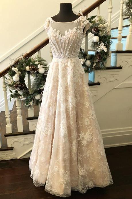Elegant A-line Bateau Cap Sleeveless Lace Long Prom Dress With Beading,pd14839