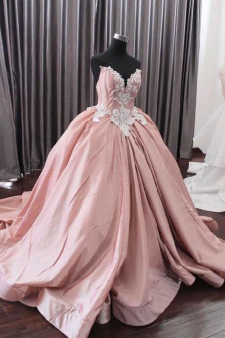 Fashion Ball Gown Sweetheart Pink Long Prom Dress With Appliques,pd14843
