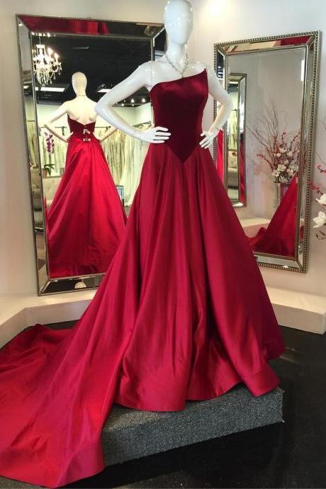Unique A-line Strapless Red Satin Sweep Train Prom Dress With Velvet,pd14844