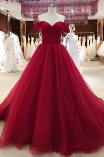 Simple Burgundy Tulle Long Sweetheart Neckline Evening Dress With Sleeves,ma0051