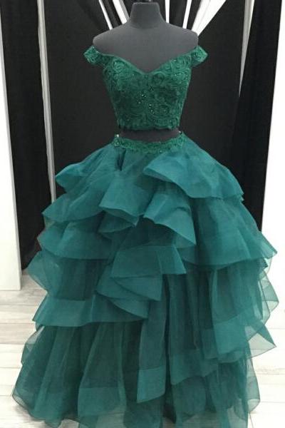 Elegant Two Piece A-line Off-the-shoulder Green Tiered Long Prom Dress With Appliques,pd14851