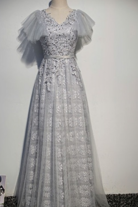 Grey, Silvery Lace Wedding Gown With Women's Sequined Party's Formal Evening Gown,ma0060