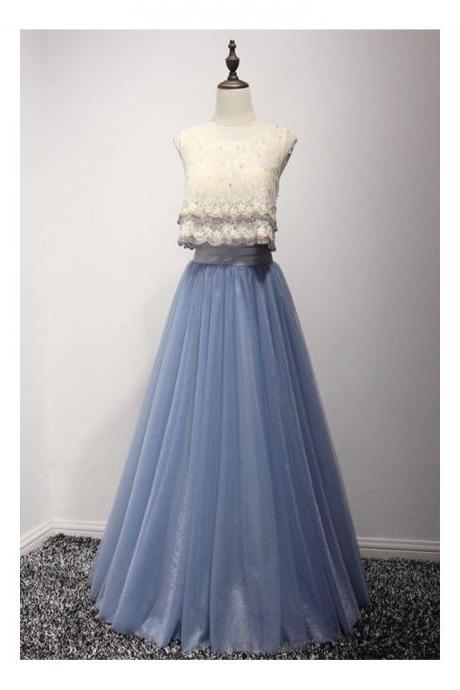 Chic A-line Scoop Neck Floor-length Tulle Prom Dress With Beading,ma0061