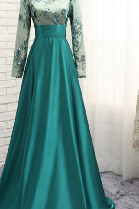 The Long-sleeved Dress Green Satin Evening Gown Ball Gown ,ma0062