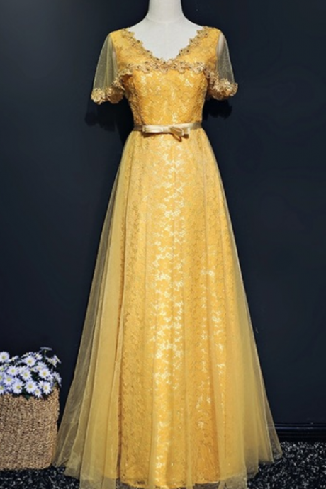 The Yellow, Elegant Lace Tulle Evening Party Dress With A Long Cape Woman&amp;#039;s Elegant Ladies Dress For The Wedding Gown ,ma0065