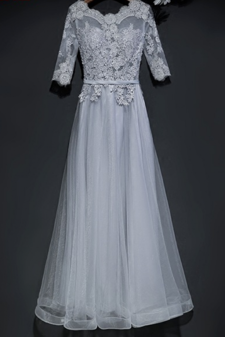 Chiffon silver lace party dress short sleeves formal dress,MA0074