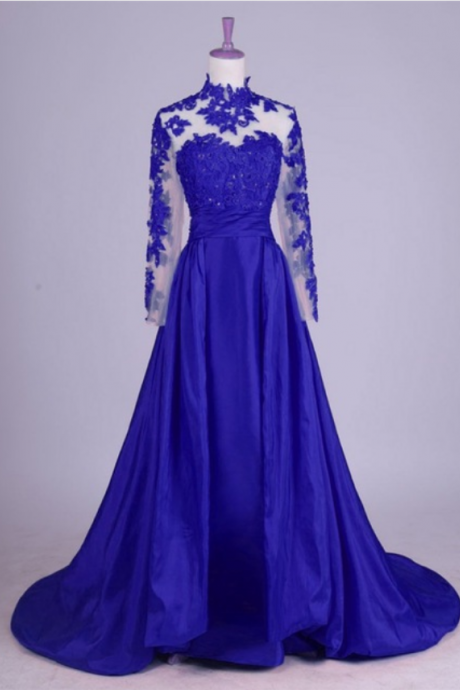 Royal Blue Long Sleeve Lace Prom Dress Formal Evening Gown,ma0075