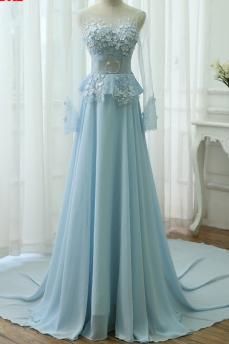 Light Blue Evening Party Dress Long Sleeves Chiffon Prom Dress,ma0076