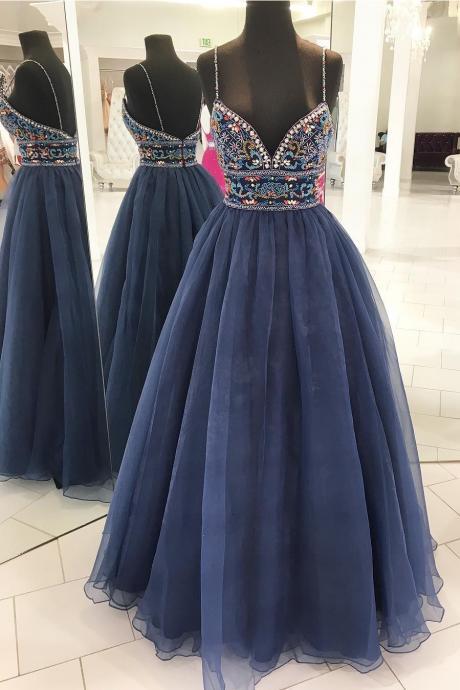 Beaded Embellished Plunge V Spaghetti Straps Floor Length Tulle Formal Dress, Prom Dress,ma0077
