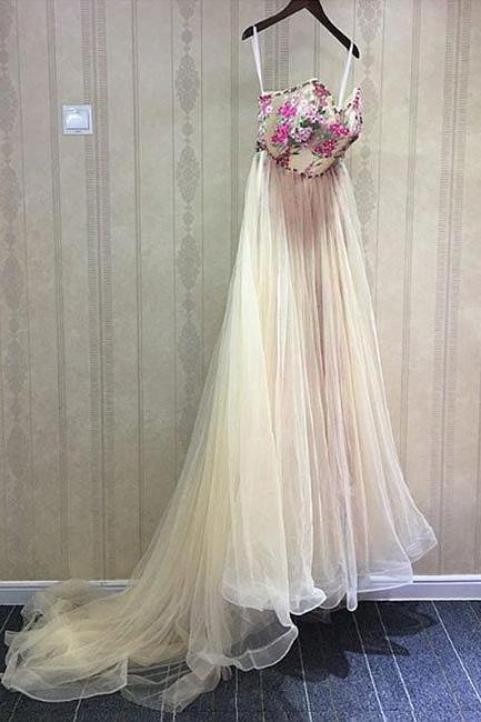 Unique Champagne Tulle Long Prom Dress, Sweetheart Evening Dress,pd14853