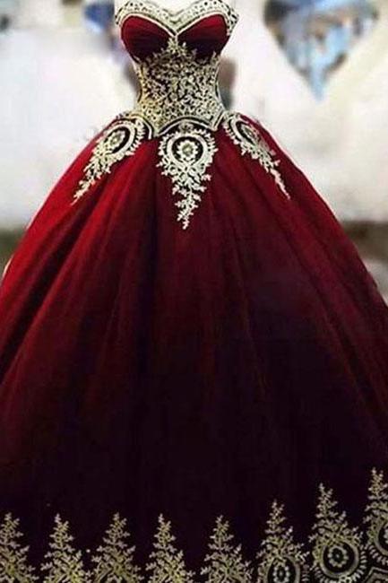 Quinceanera Dresses Unique Burgundy Round Neck Gold Lace Applique Long Prom Gown,pd14855