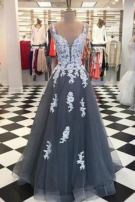 Gray Tulle Lace Long Prom Dress, Lace Evening Dress,pd14860