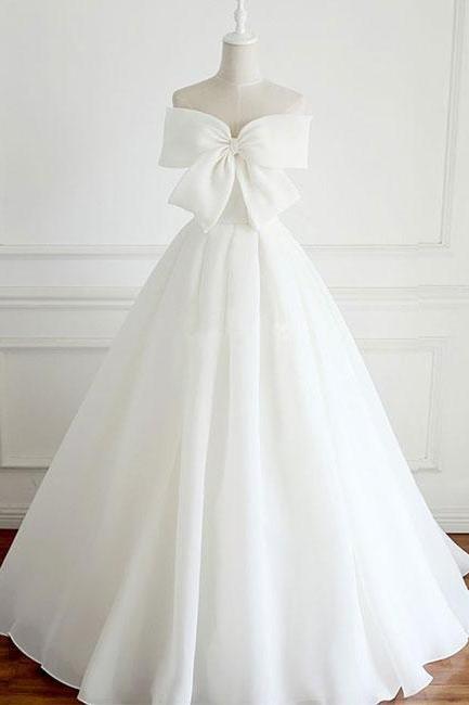 White Bow Long Prom Dress, White Evening Dress,pd14878