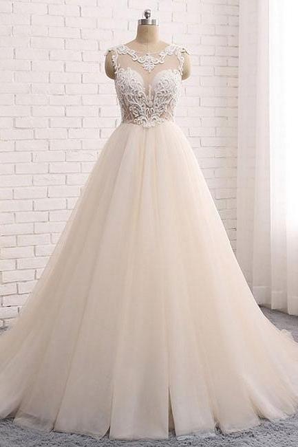 Custom Made Round Neck Lace Tulle Long Prom Gown, Wedding Dress,pd14880