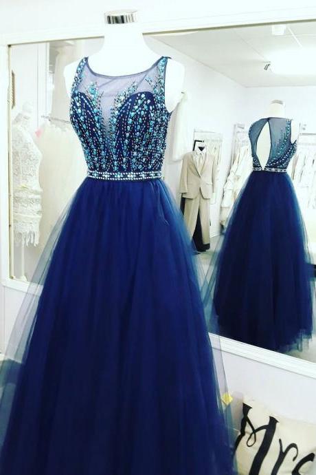 Royal Blue Tulle Beaded Long Prom Dress,sleeveless Prom Dress With Illusion Neck,pd14895