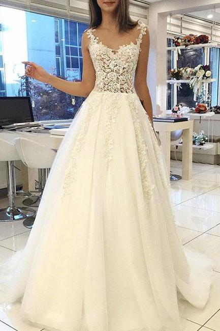 White Lace Tulle Long Prom Dress, Wedding Dress,pd14903