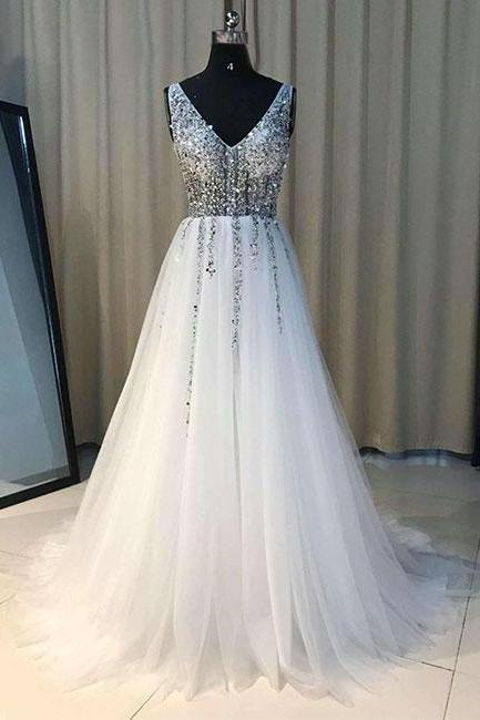White V Neck Tulle Sequins Long Prom Dress, Evening Dress ,pd14904