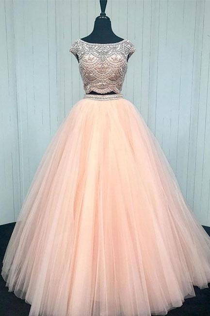 Pink two pieces sequin beads tulle long prom dress, pink evening dress,PD14905