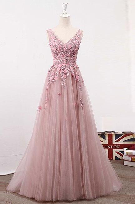 Pink V Neck Lace Tulle Long Prom Dress, Pink Evening Dress ,pd14909