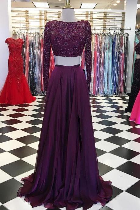 Two Piece Long Sleeves Prom Dress, Burgundy Long Prom Dress,pd14939
