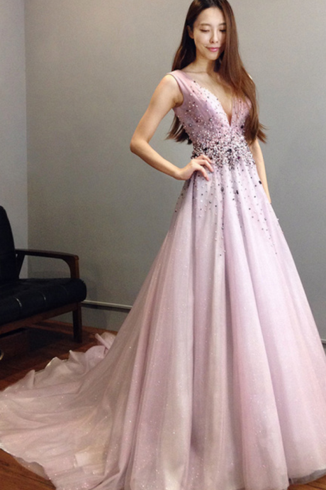 Charming Prom Dress, Sexy V Neck Prom Dresses, Purple Tulle Evening Dress, Formal Gown,pd14959