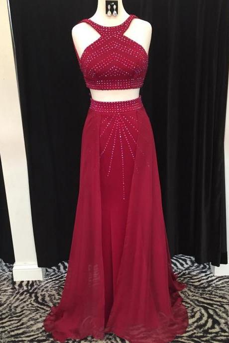 Charming Prom Dress, Sexy Two Piece Prom Dresses, Chiffon Evening Dress, Sleeveless Burgundy Prom Gown,pd14967